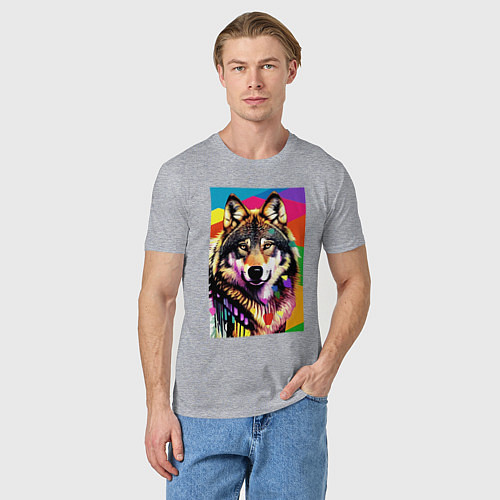 Мужская футболка Красочный волк - поп-арт - нейросеть / Меланж – фото 3