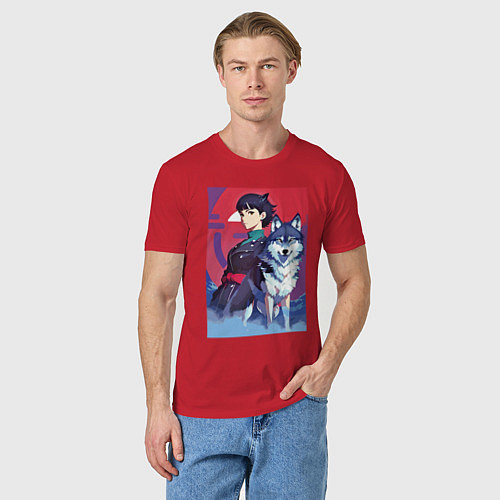 Мужская футболка Девочка со своим другом волком - аниме / Красный – фото 3