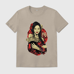 Футболка хлопковая мужская Гейша с веером, цвет: миндальный
