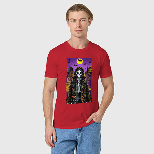 Мужская футболка Хэллоуин в мегаполисе - модный скелет / Красный – фото 3