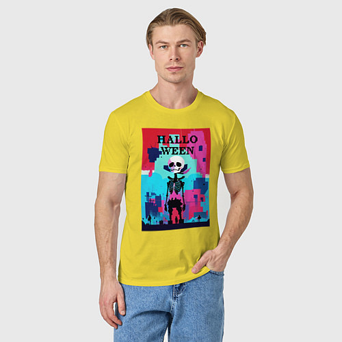 Мужская футболка Funny skeleton - pop art - pixels halloween / Желтый – фото 3