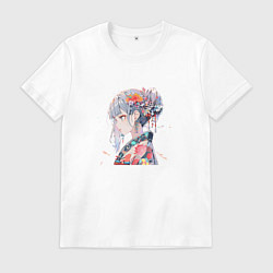 Футболка хлопковая мужская Аниме девушка с цветами в волосах, цвет: белый