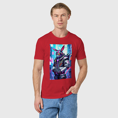 Мужская футболка Крутой кибер-заяц - нейросеть / Красный – фото 3