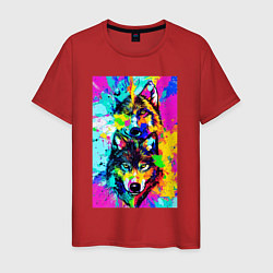 Футболка хлопковая мужская Волк с волчицей - нейросеть, цвет: красный