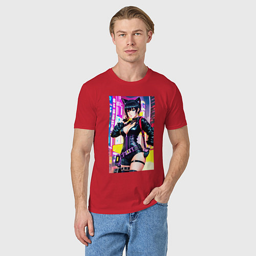 Мужская футболка Cool cat girl - anime - cyberpunk / Красный – фото 3