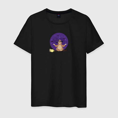 Мужская футболка Ленивец медитирует на ведьминской метле / Черный – фото 1