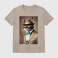 Футболка хлопковая мужская Портрет кота джентльмена в шляпе, цвет: миндальный