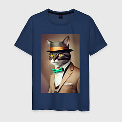 Футболка хлопковая мужская Портрет кота джентльмена в шляпе, цвет: тёмно-синий