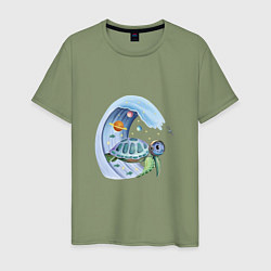 Футболка хлопковая мужская Черепаха в космосе, цвет: авокадо