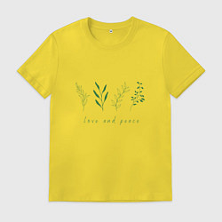 Футболка хлопковая мужская Зеленые растения мир и любовь, цвет: желтый