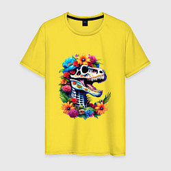 Футболка хлопковая мужская Череп тираннозавра с яркими цветами, мексиканский, цвет: желтый