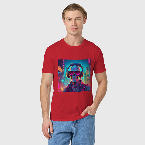 Мужская футболка Скелет в больших очках и наушниках / Красный – фото 3