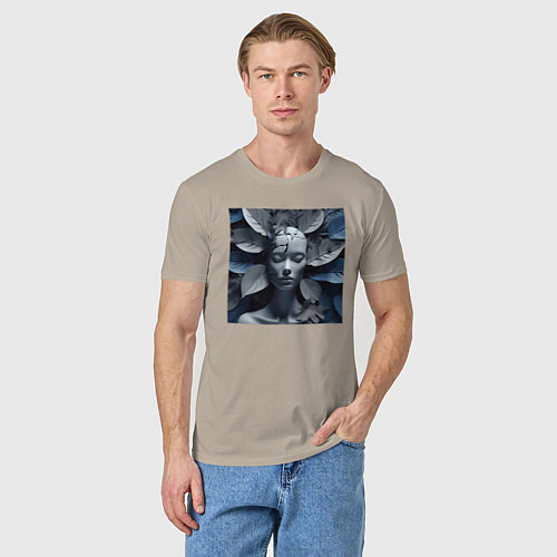 Мужская футболка Манекен в серо-синих листьях - нейросеть / Миндальный – фото 3