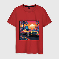 Футболка хлопковая мужская Ретро машина и футуристический город на закате, цвет: красный