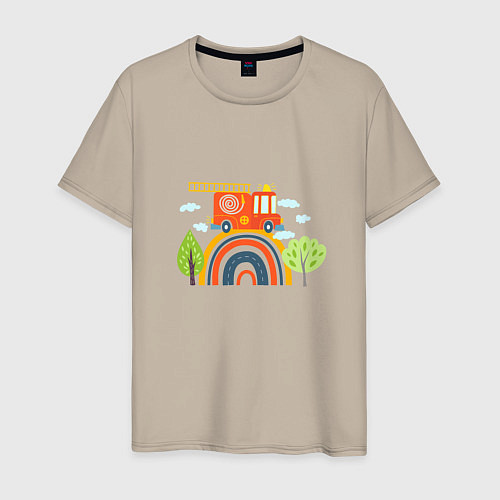 Мужская футболка Пожарная машина едет по радуге / Миндальный – фото 1