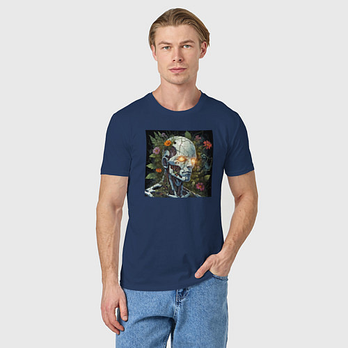 Мужская футболка Киборг с треснувшей головой и растениями / Тёмно-синий – фото 3