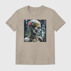Футболка хлопковая мужская Киборг с треснувшей головой полной растений, цвет: миндальный