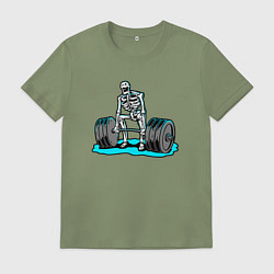 Футболка хлопковая мужская Скелет делает становую тягу, цвет: авокадо