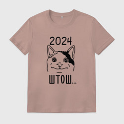 Футболка хлопковая мужская 2024 - мемный кот, цвет: пыльно-розовый