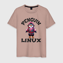 Футболка хлопковая мужская Система линукс пингвин в кимоно, цвет: пыльно-розовый