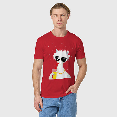 Мужская футболка Лама - альпака с бокалом / Красный – фото 3