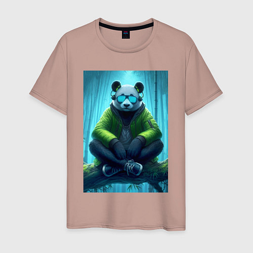 Мужская футболка Панда слушает музон в лесу - нейросеть / Пыльно-розовый – фото 1