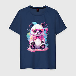 Футболка хлопковая мужская Милая панда в розовых очках и бантике, цвет: тёмно-синий