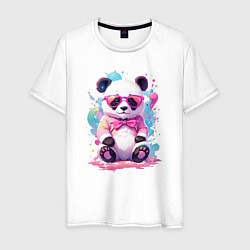 Футболка хлопковая мужская Милая панда в розовых очках и бантике, цвет: белый