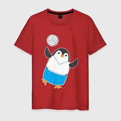 Футболка хлопковая мужская Пингвин волейболист, цвет: красный