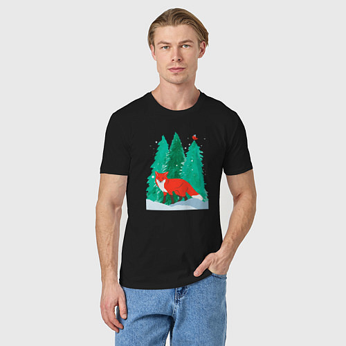 Мужская футболка Лиса в лесу и птичка / Черный – фото 3