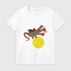 Футболка хлопковая мужская Дракон с монетой Биткойна, цвет: белый
