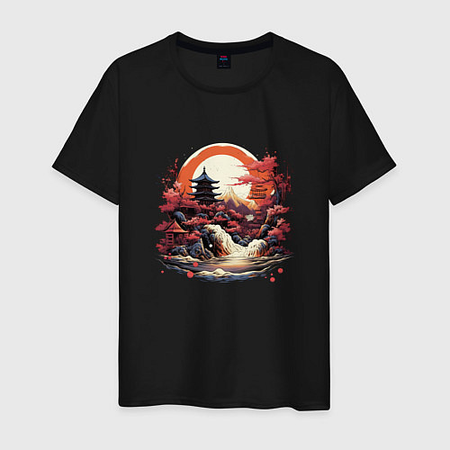 Мужская футболка Закат в прибрежной японской деревне / Черный – фото 1