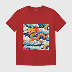 Футболка хлопковая мужская Китайский дракон на цветном фоне, цвет: красный