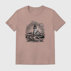 Футболка хлопковая мужская Море и маяк, цвет: пыльно-розовый