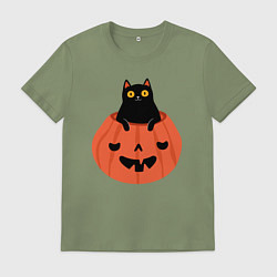 Футболка хлопковая мужская Котик в тыкве, цвет: авокадо