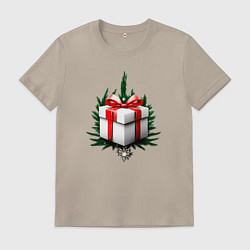 Футболка хлопковая мужская Рождественский подарок, цвет: миндальный