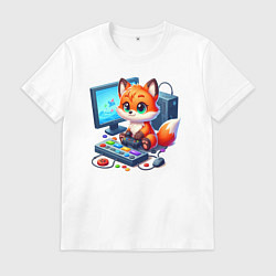 Футболка хлопковая мужская Лисёнок - заядлый игроман, цвет: белый