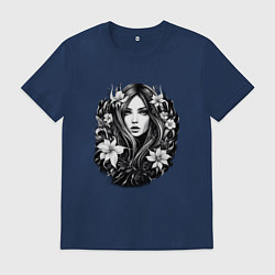 Футболка хлопковая мужская Девушка и цветы, цвет: тёмно-синий