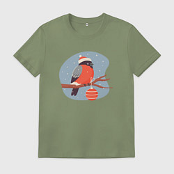 Футболка хлопковая мужская Снегирь в новогодней шапочке сидит на ветке, цвет: авокадо
