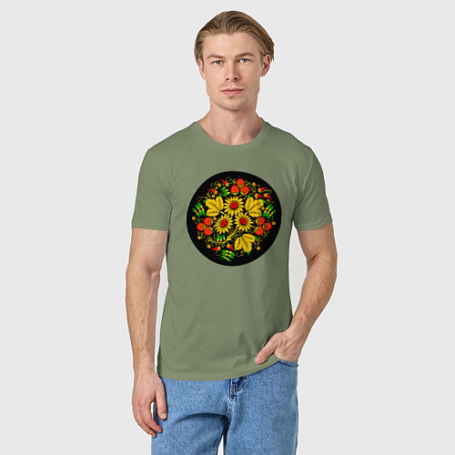 Мужская футболка Хохломская роспись цветы и ягоды в чёрном круге / Авокадо – фото 3
