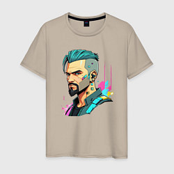 Футболка хлопковая мужская Портрет мужчины с бородой Cyberpunk 2077, цвет: миндальный