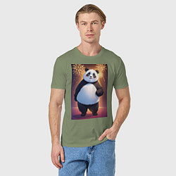 Футболка хлопковая мужская Панда в свитере под салютом - ai art, цвет: авокадо — фото 2