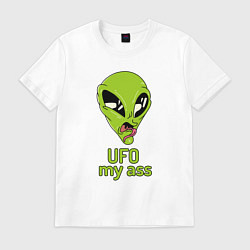 Футболка хлопковая мужская Зеленый пришелец НЛО с надписью UFO my ass, цвет: белый