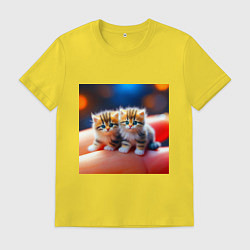 Футболка хлопковая мужская Два милых пушистых котика сидят на ладони, цвет: желтый