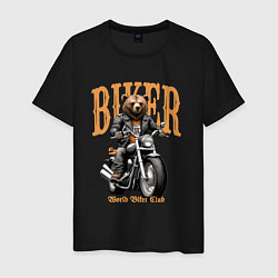 Футболка хлопковая мужская Байкер медведь на мотоцикле, цвет: черный