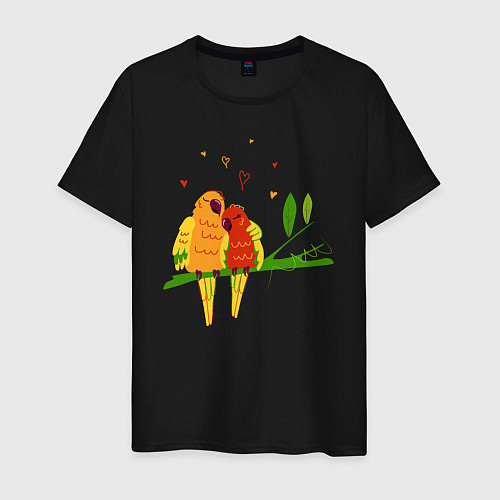 Мужская футболка Пара влюбленных попугаев на ветке / Черный – фото 1