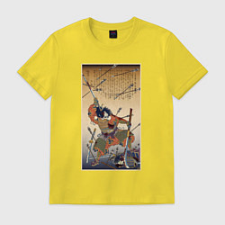 Футболка хлопковая мужская Японский самурай с катаной и нагинатой: гравюра ук, цвет: желтый