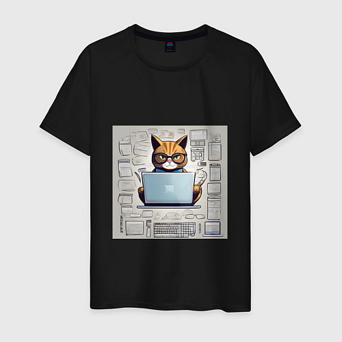 Мужская футболка Кот программист за ноутбуком / Черный – фото 1