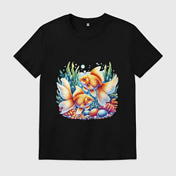Футболка хлопковая мужская Золотые рыбки в подводном мире, цвет: черный