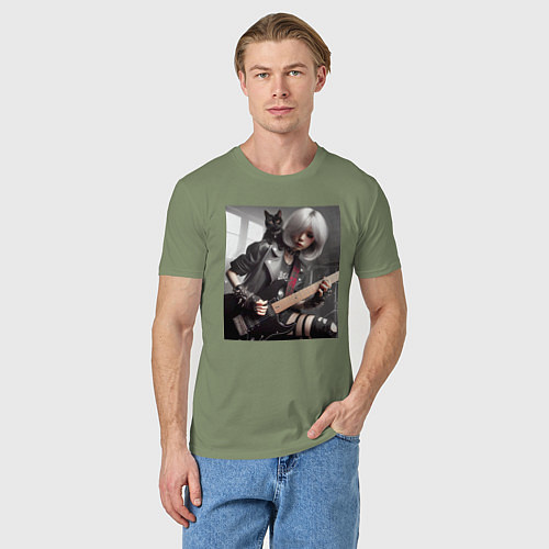 Мужская футболка Девчонка рок гитарист с чёрным котом / Авокадо – фото 3